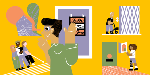 Illustratie van een makelaar die uitleg geeft aan een groepje mensen. Een persoon met rollator gebruikt een lift. Een vrouw met blessure aan been bekijkt een brochure.
